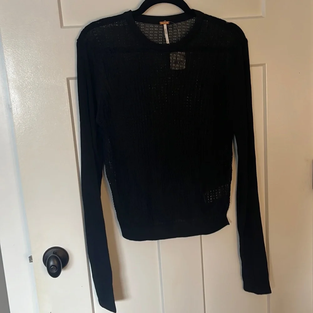 Free People Black Sheer Knit Long Sleeve Crew Sweater